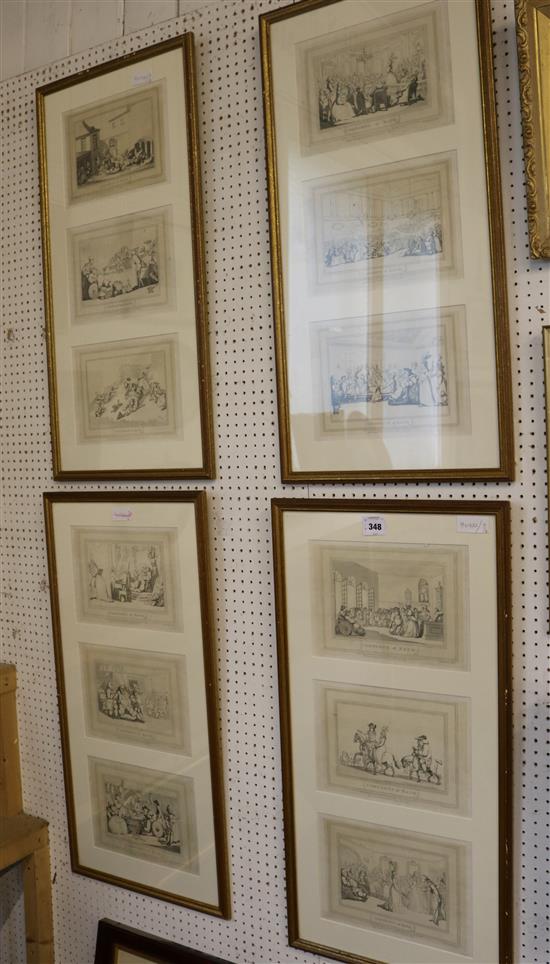 After Thomas Rowlandson, set of 12 uncoloured engravings Comforts of Bath, in 4 frames, as republished 1857